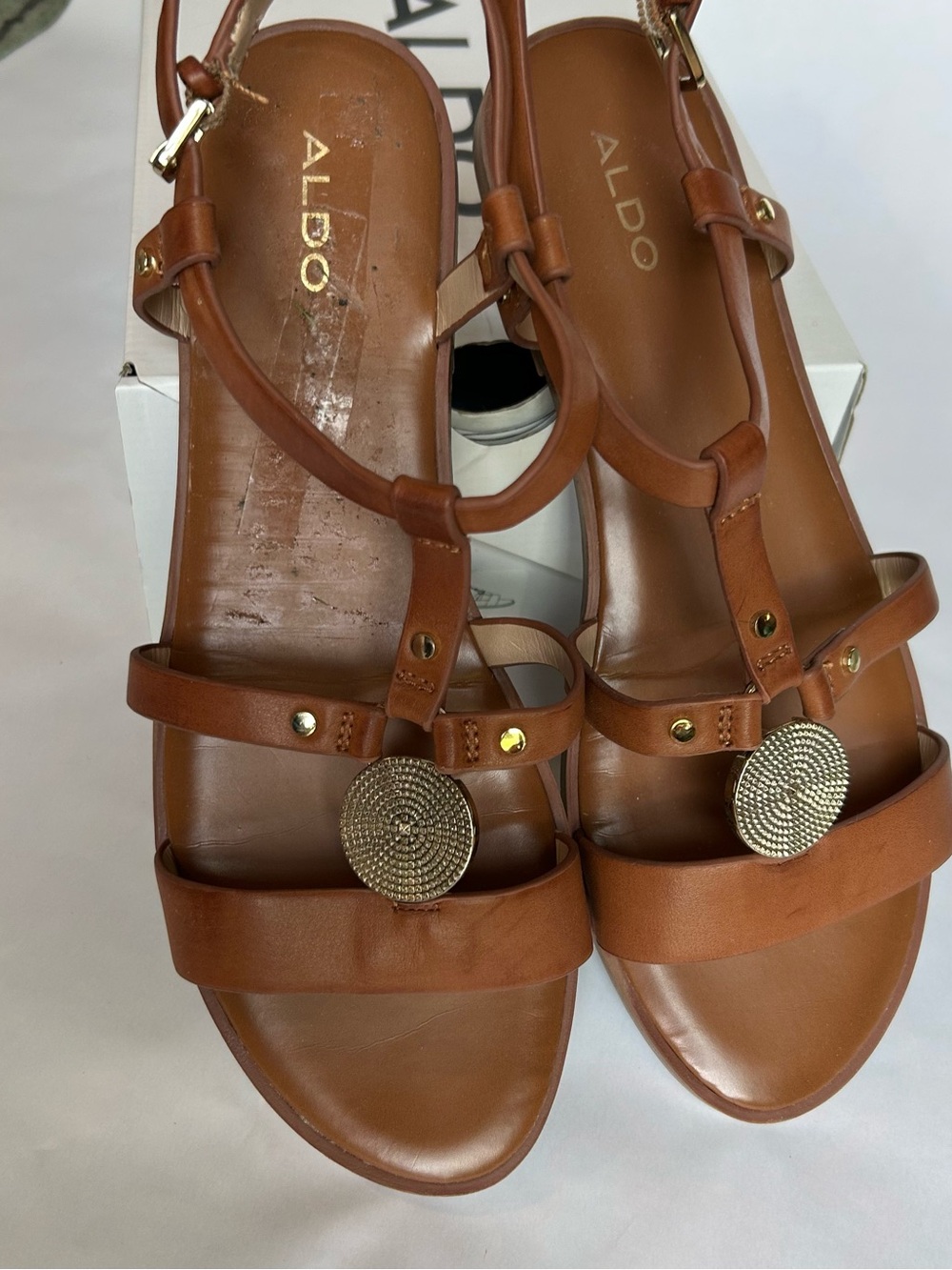 ALDO Women’s Tan Leather T-Strap Sandals